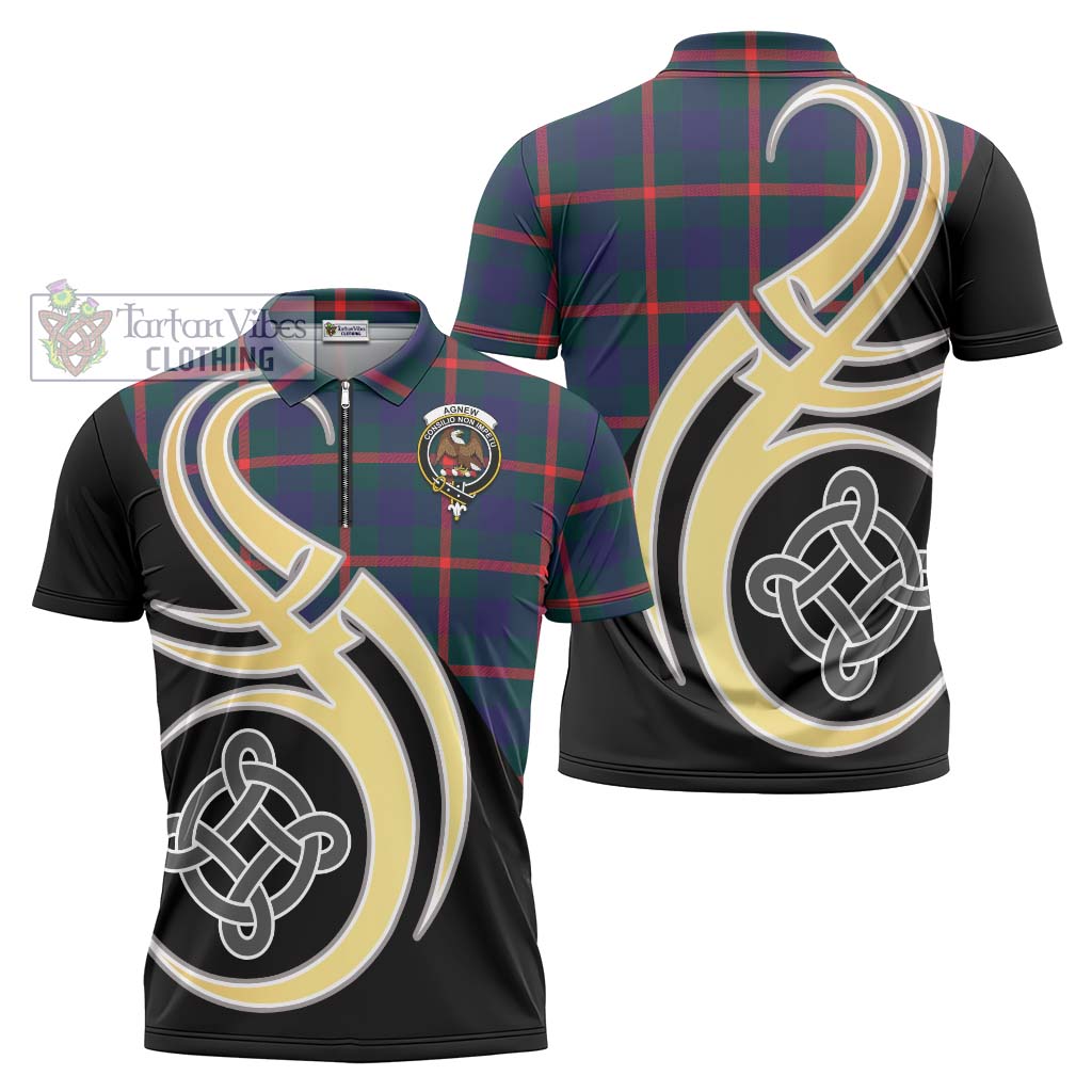 Tartan Vibes Clothing Agnew Modern Tartan Zipper Polo Shirt with Family Crest and Celtic Symbol Style