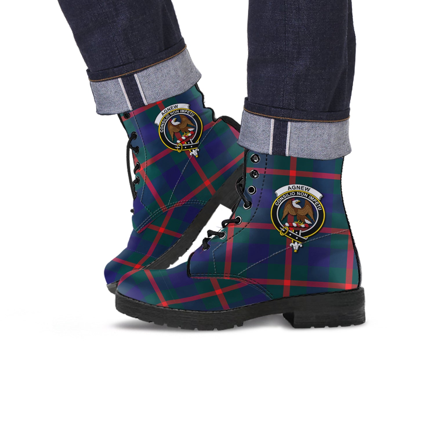 Agnew Modern Tartan Leather Boots with Family Crest - Tartanvibesclothing