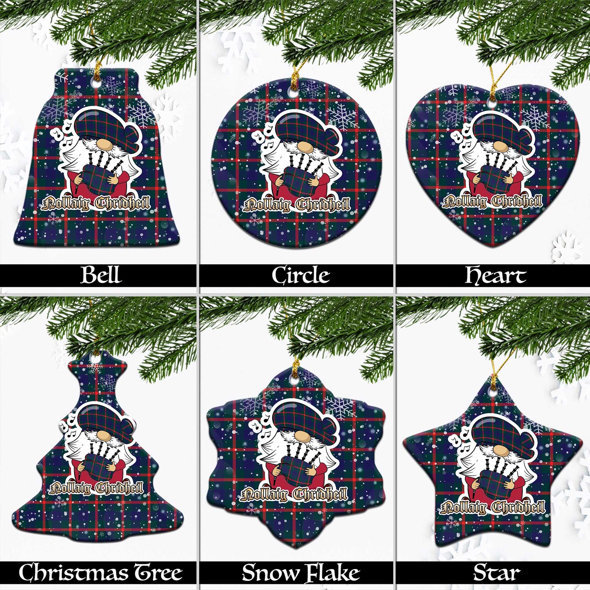 Agnew Modern Tartan Christmas Ornaments with Scottish Gnome Playing Bagpipes Ceramic - Tartanvibesclothing
