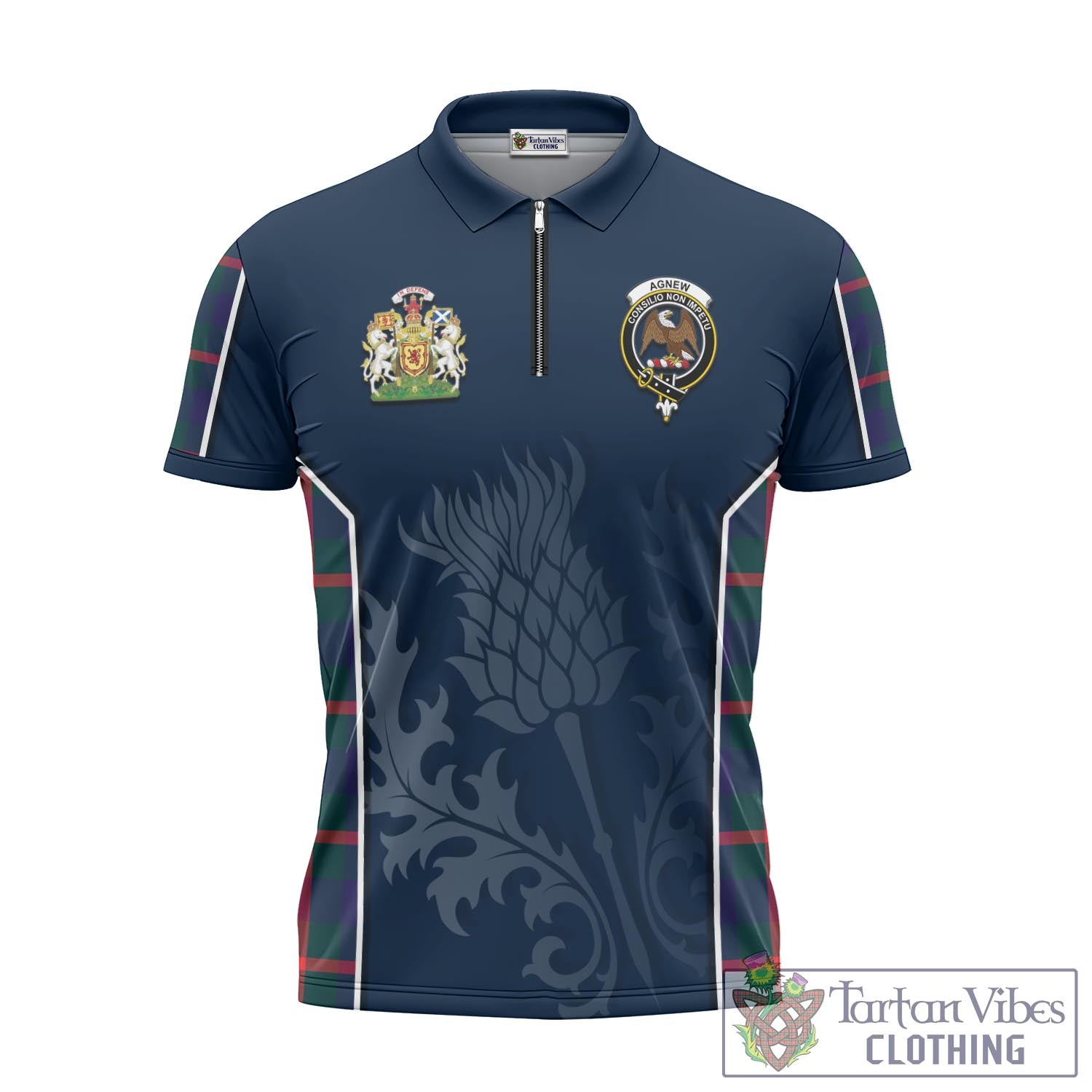 Tartan Vibes Clothing Agnew Modern Tartan Zipper Polo Shirt with Family Crest and Scottish Thistle Vibes Sport Style