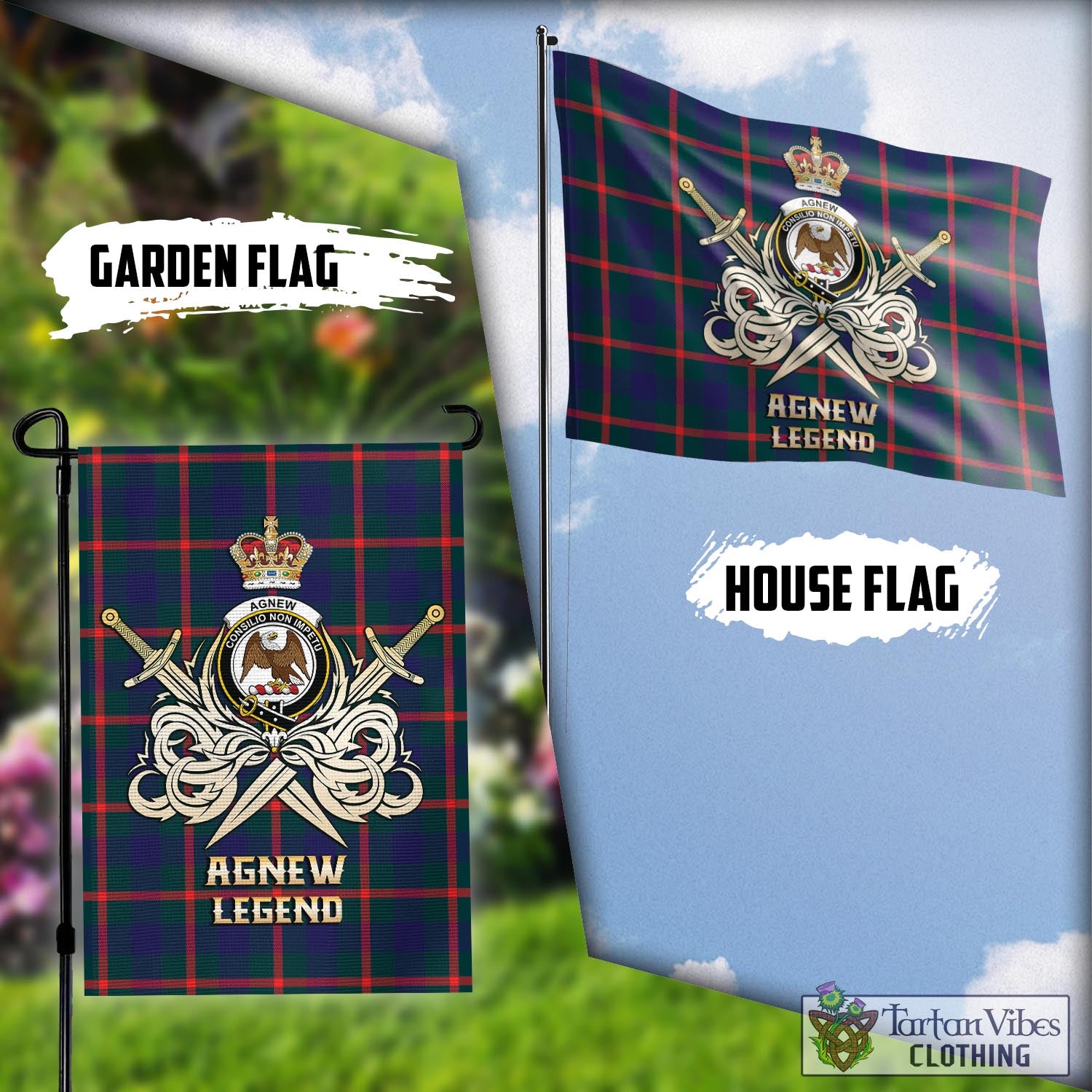 Tartan Vibes Clothing Agnew Modern Tartan Flag with Clan Crest and the Golden Sword of Courageous Legacy