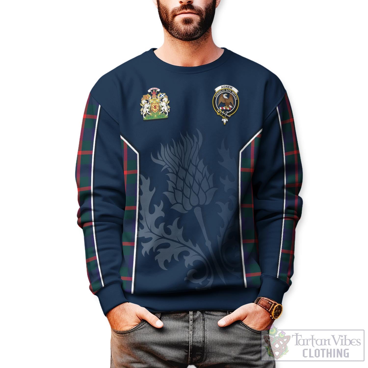 Tartan Vibes Clothing Agnew Modern Tartan Sweatshirt with Family Crest and Scottish Thistle Vibes Sport Style