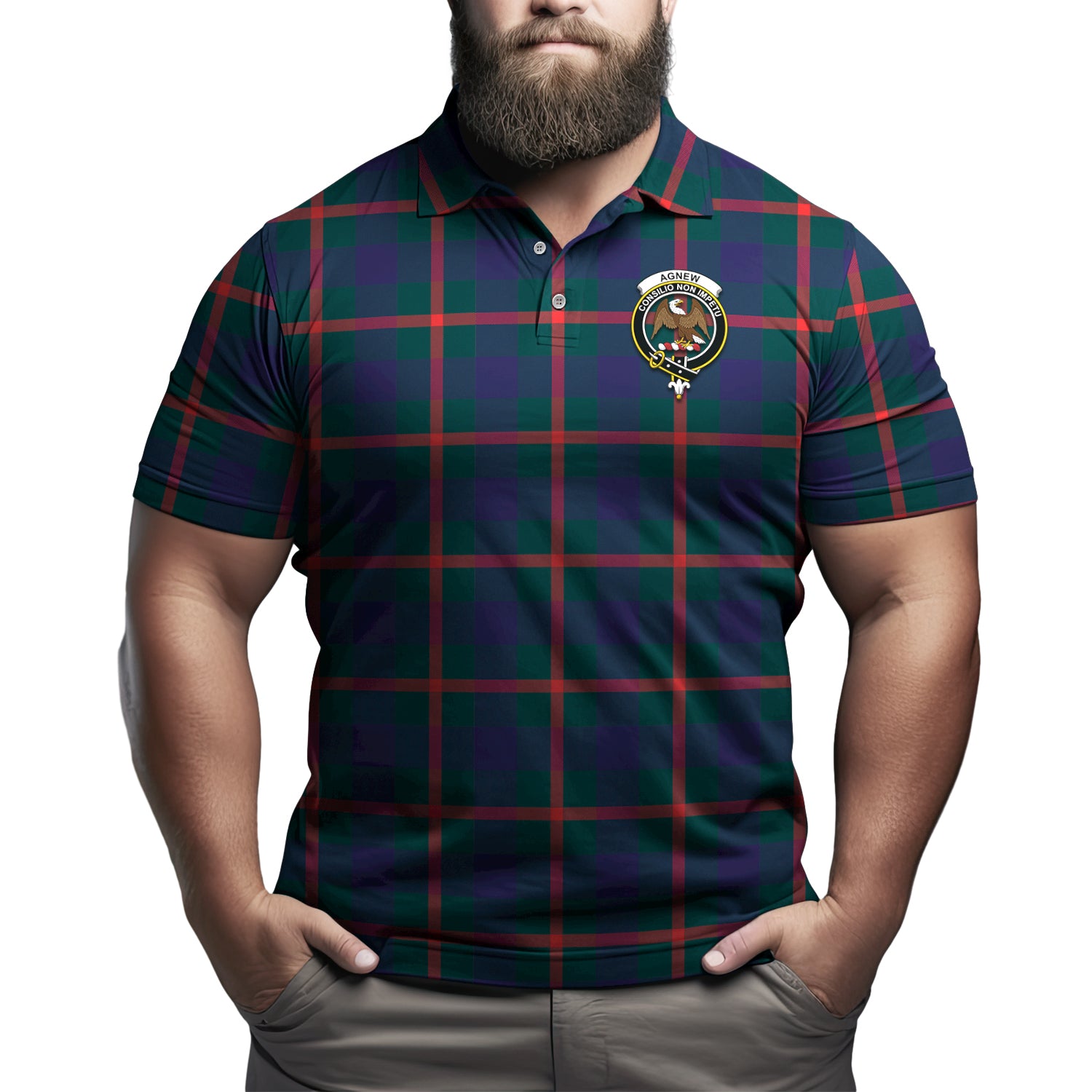 Agnew Modern Tartan Men's Polo Shirt with Family Crest - Tartanvibesclothing
