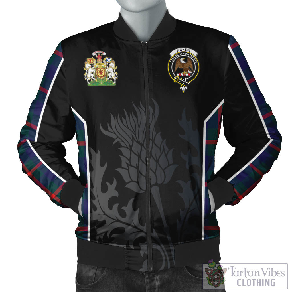 Tartan Vibes Clothing Agnew Modern Tartan Bomber Jacket with Family Crest and Scottish Thistle Vibes Sport Style