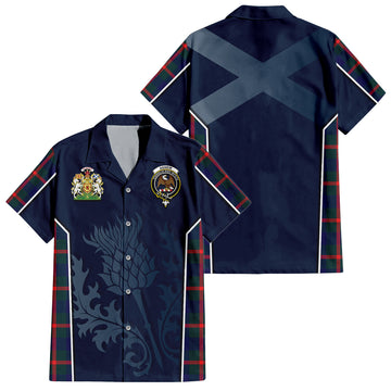 Agnew Modern Tartan Short Sleeve Button Up Shirt with Family Crest and Scottish Thistle Vibes Sport Style