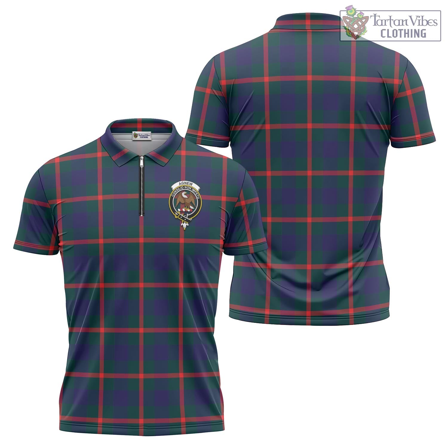 Tartan Vibes Clothing Agnew Modern Tartan Zipper Polo Shirt with Family Crest