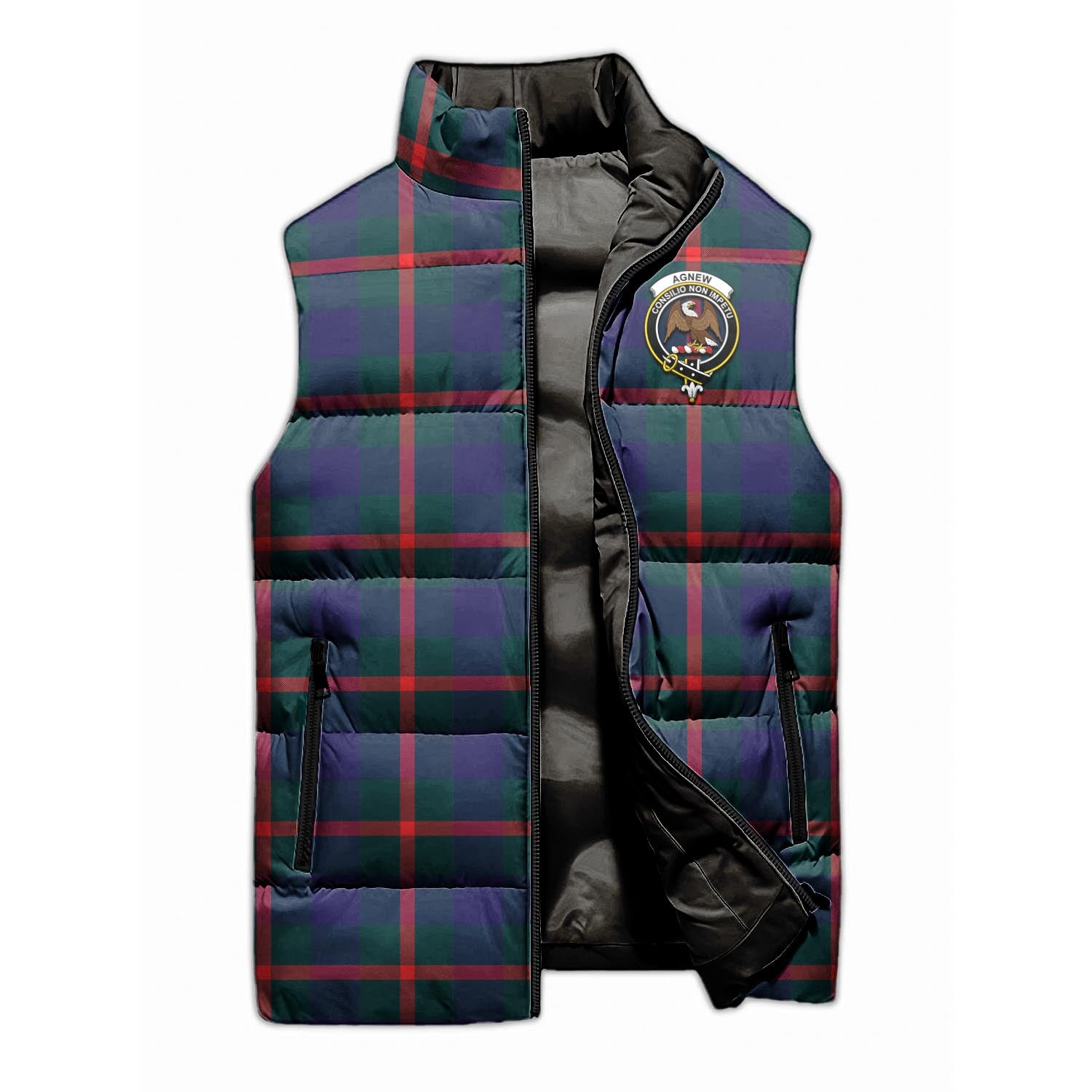 Agnew Tartan Sleeveless Puffer Jacket with Family Crest - Tartan Vibes Clothing