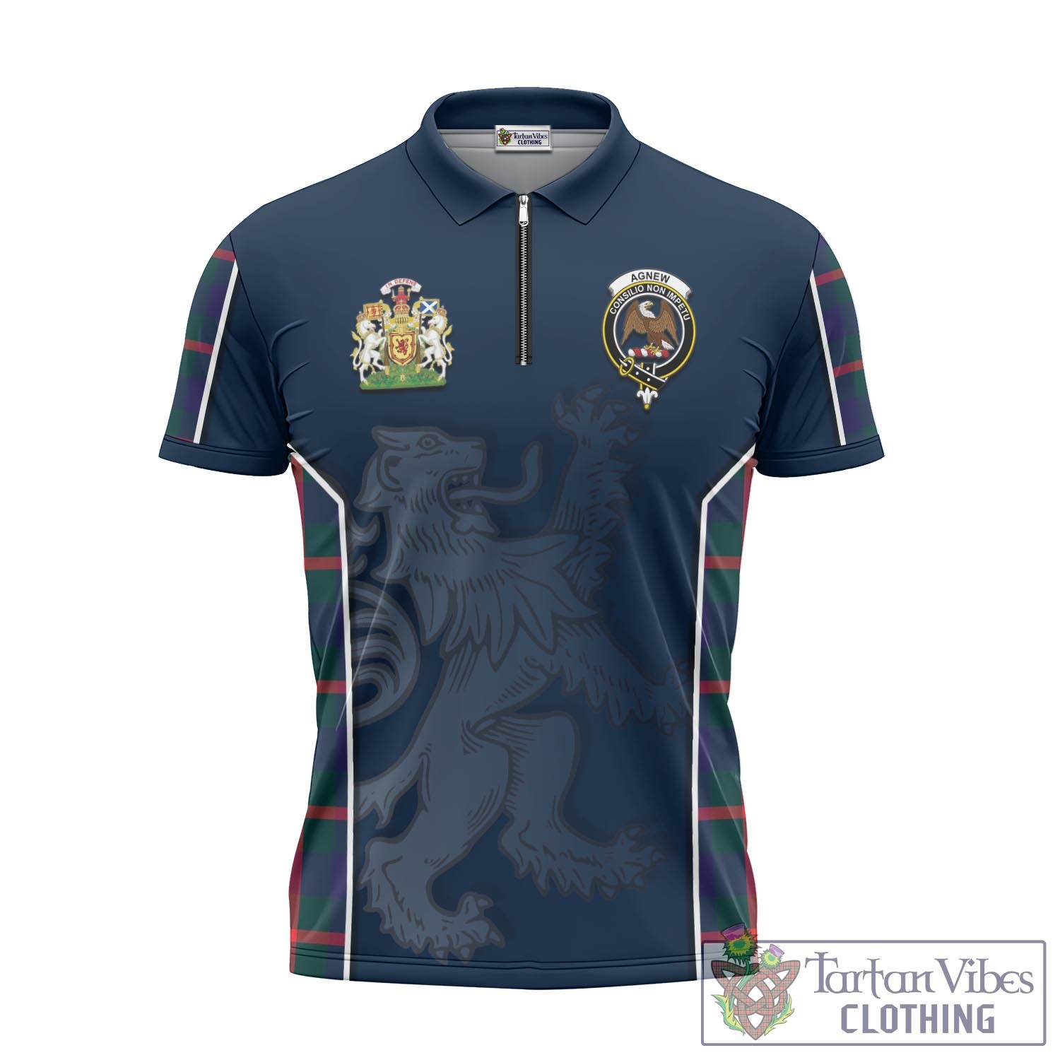 Tartan Vibes Clothing Agnew Modern Tartan Zipper Polo Shirt with Family Crest and Lion Rampant Vibes Sport Style