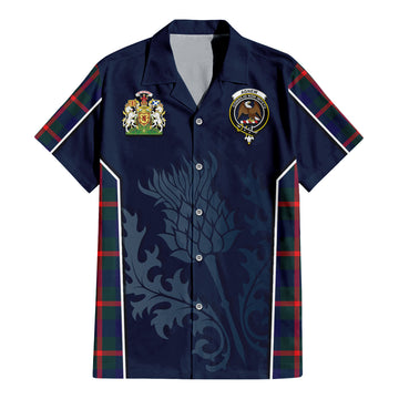 Agnew Modern Tartan Short Sleeve Button Up Shirt with Family Crest and Scottish Thistle Vibes Sport Style