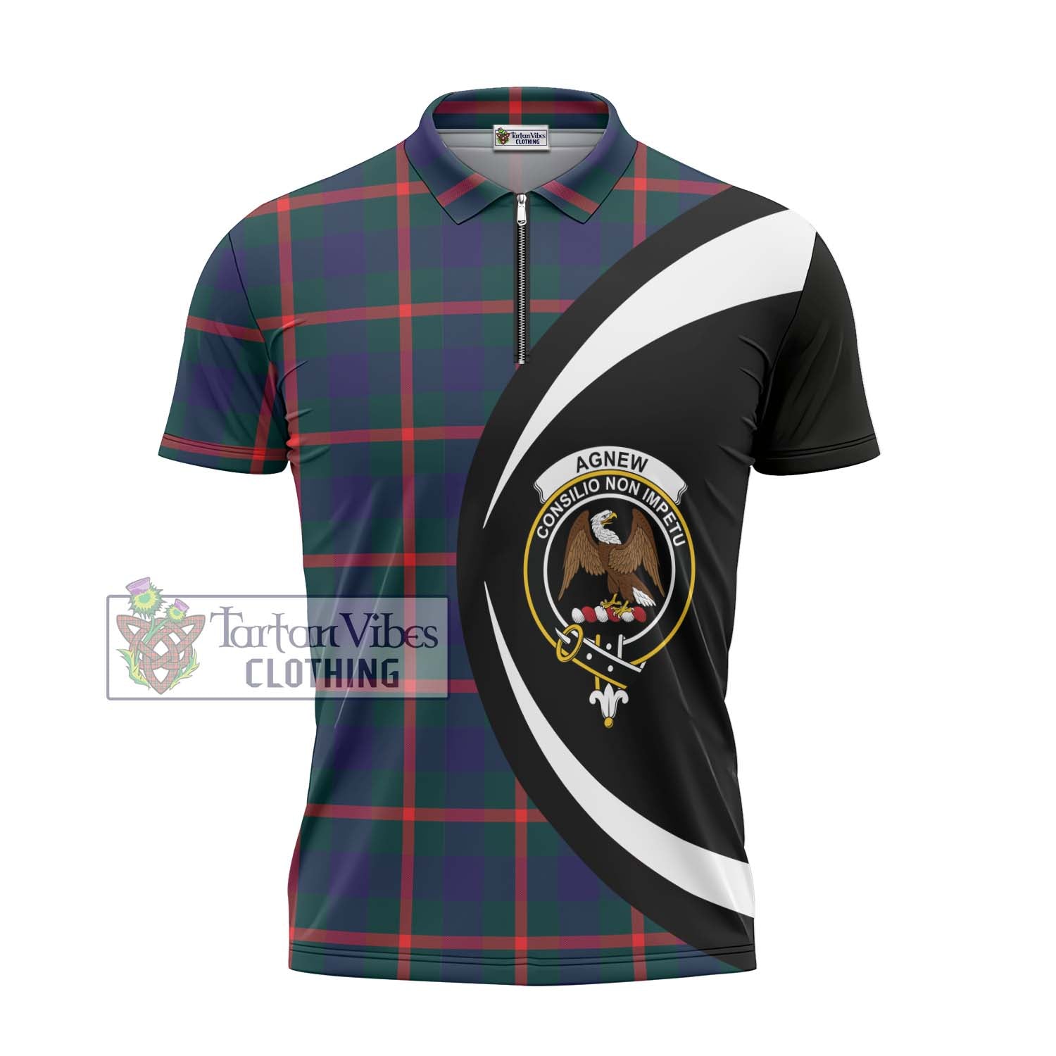 Tartan Vibes Clothing Agnew Modern Tartan Zipper Polo Shirt with Family Crest Circle Style
