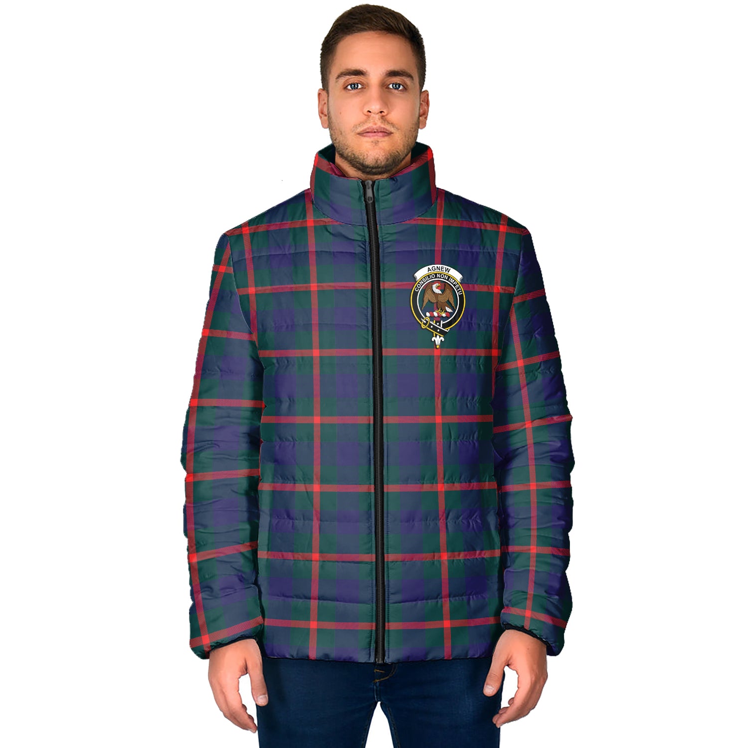 Agnew Tartan Padded Jacket with Family Crest - Tartan Vibes Clothing