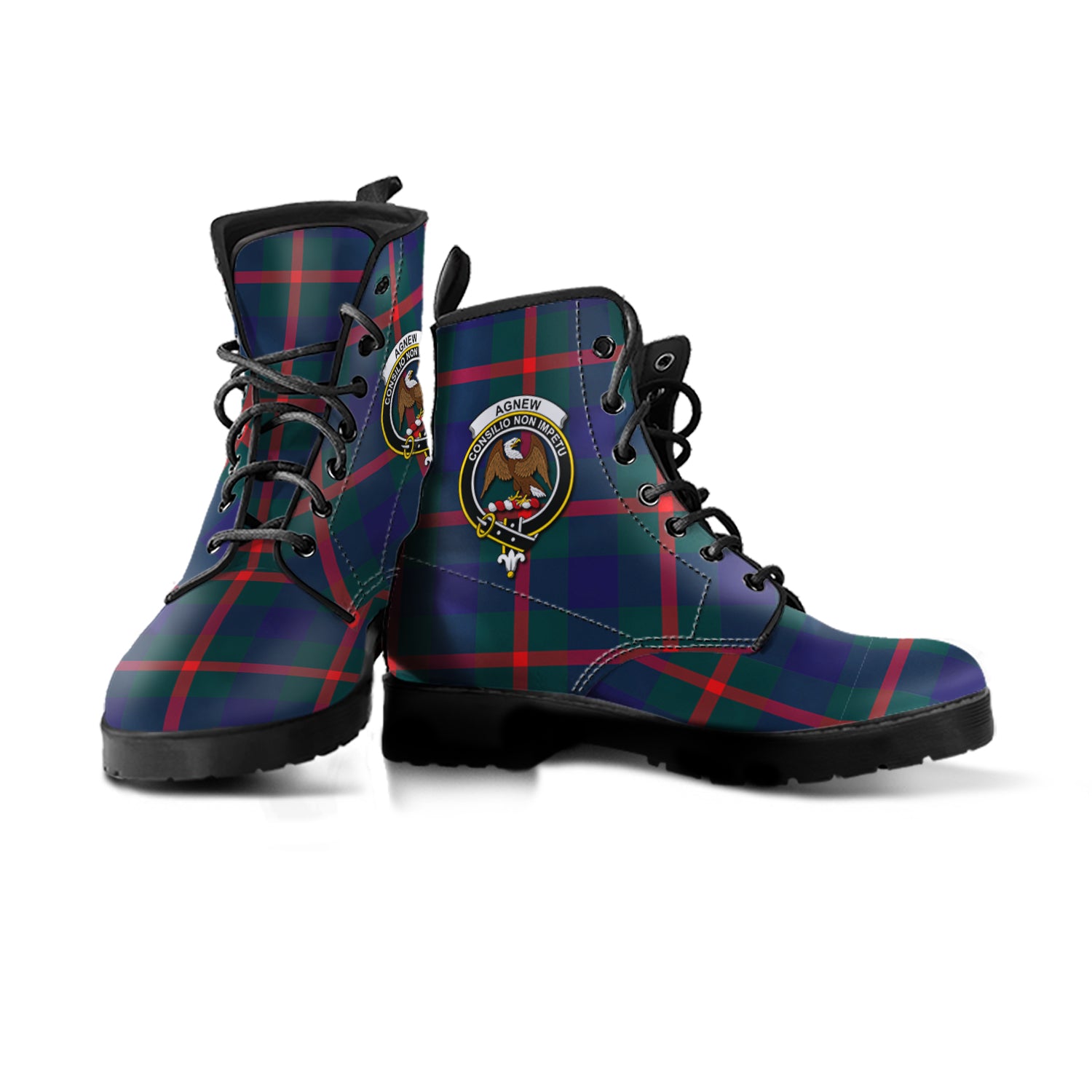 Agnew Modern Tartan Leather Boots with Family Crest - Tartanvibesclothing