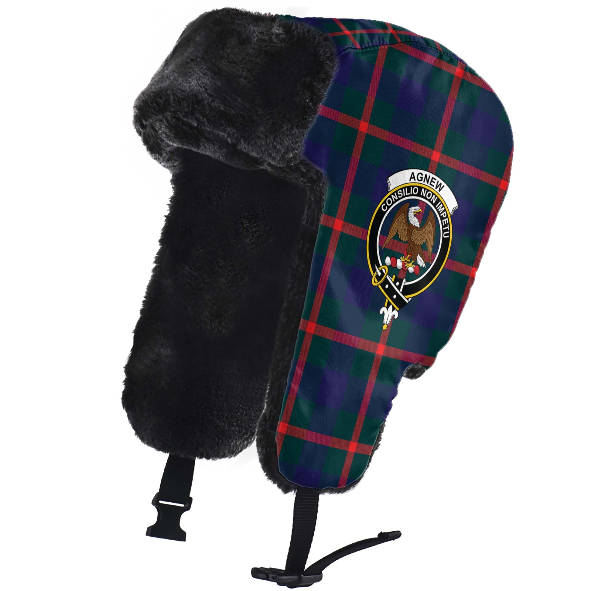 Agnew Modern Tartan Winter Trapper Hat with Family Crest - Tartanvibesclothing