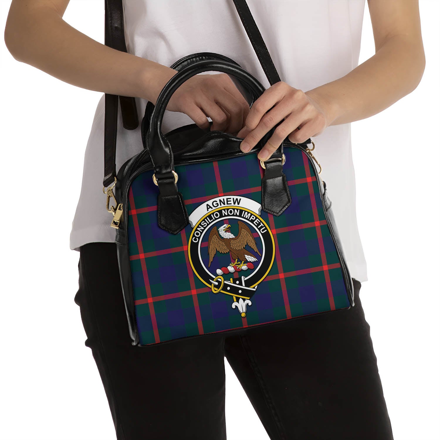 Agnew Modern Tartan Shoulder Handbags with Family Crest - Tartanvibesclothing