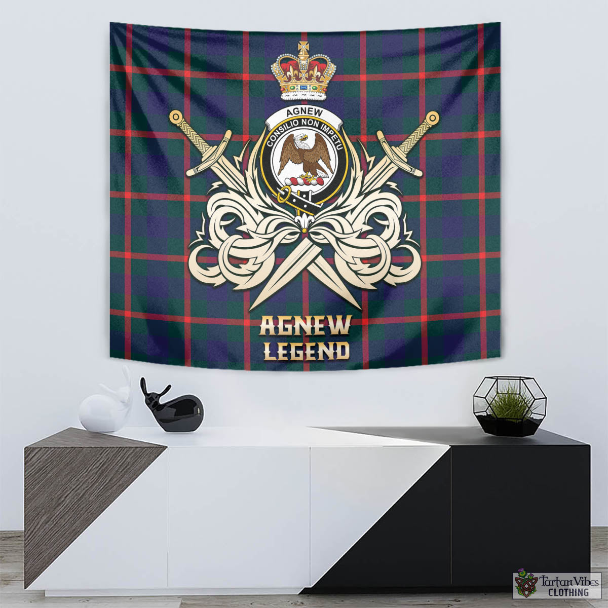 Tartan Vibes Clothing Agnew Modern Tartan Tapestry with Clan Crest and the Golden Sword of Courageous Legacy