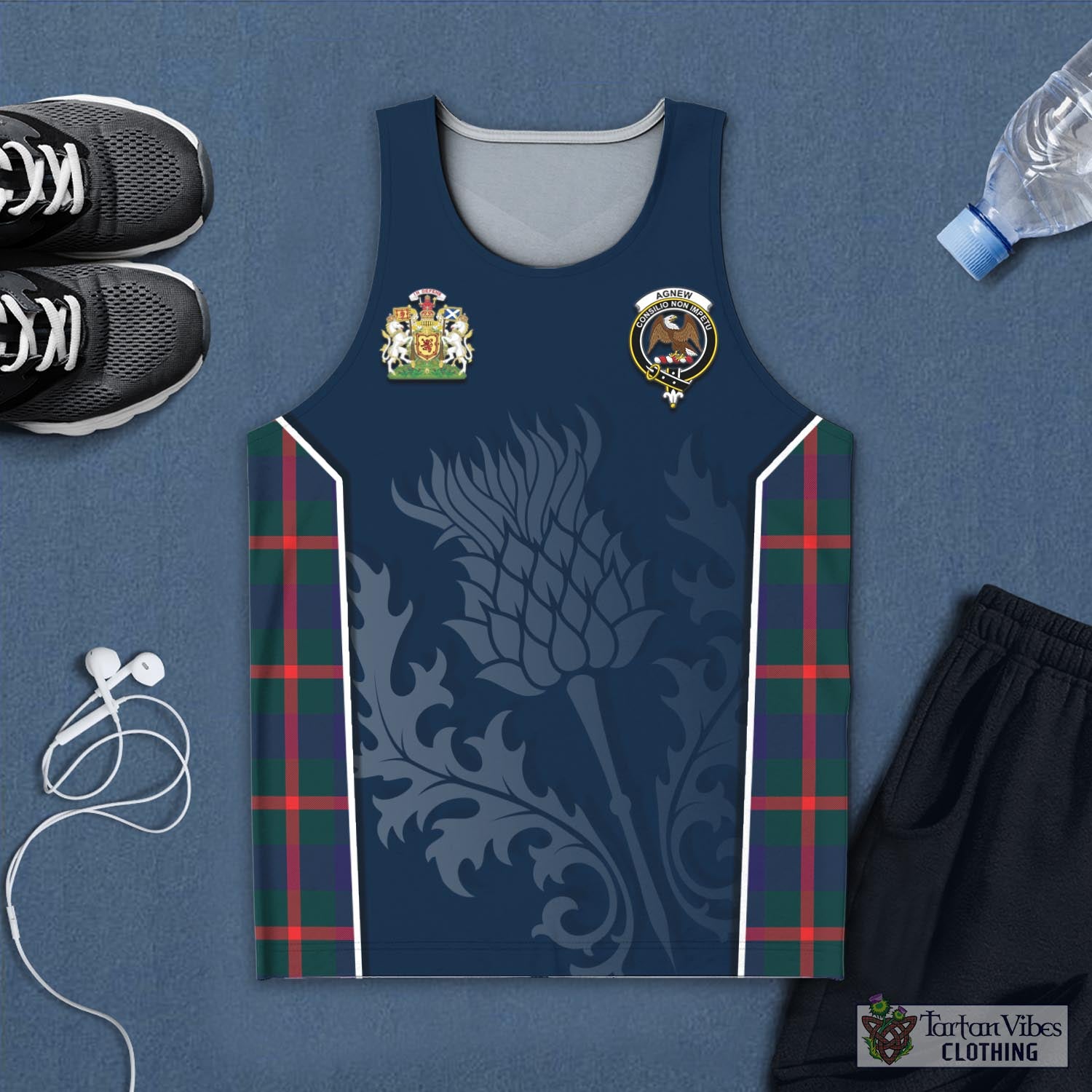 Tartan Vibes Clothing Agnew Modern Tartan Men's Tanks Top with Family Crest and Scottish Thistle Vibes Sport Style