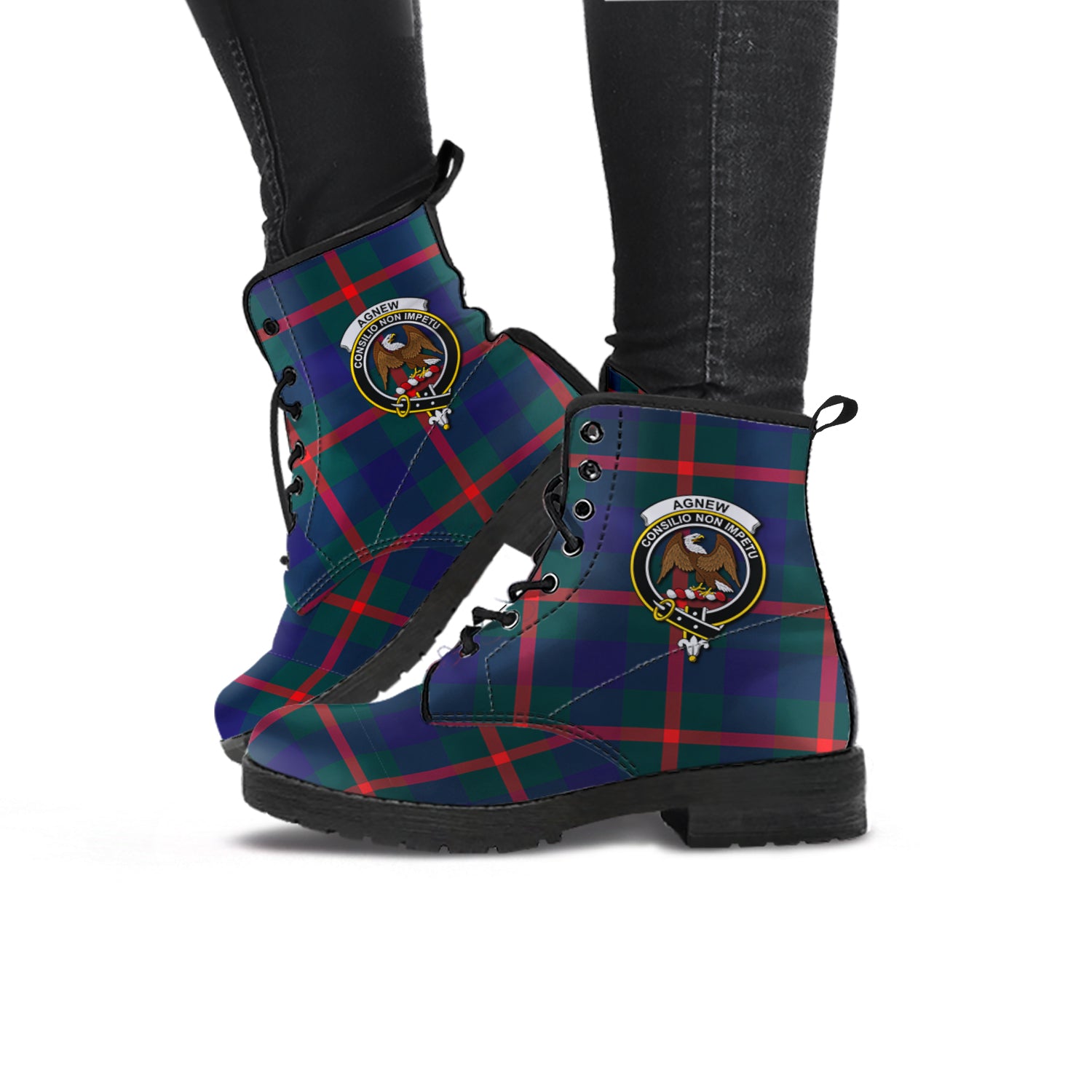 Agnew Modern Tartan Leather Boots with Family Crest - Tartanvibesclothing
