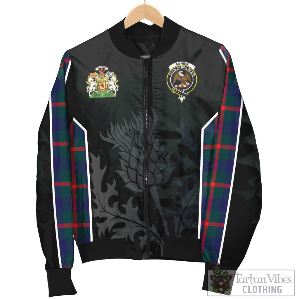 Tartan Vibes Clothing Agnew Modern Tartan Bomber Jacket with Family Crest and Scottish Thistle Vibes Sport Style