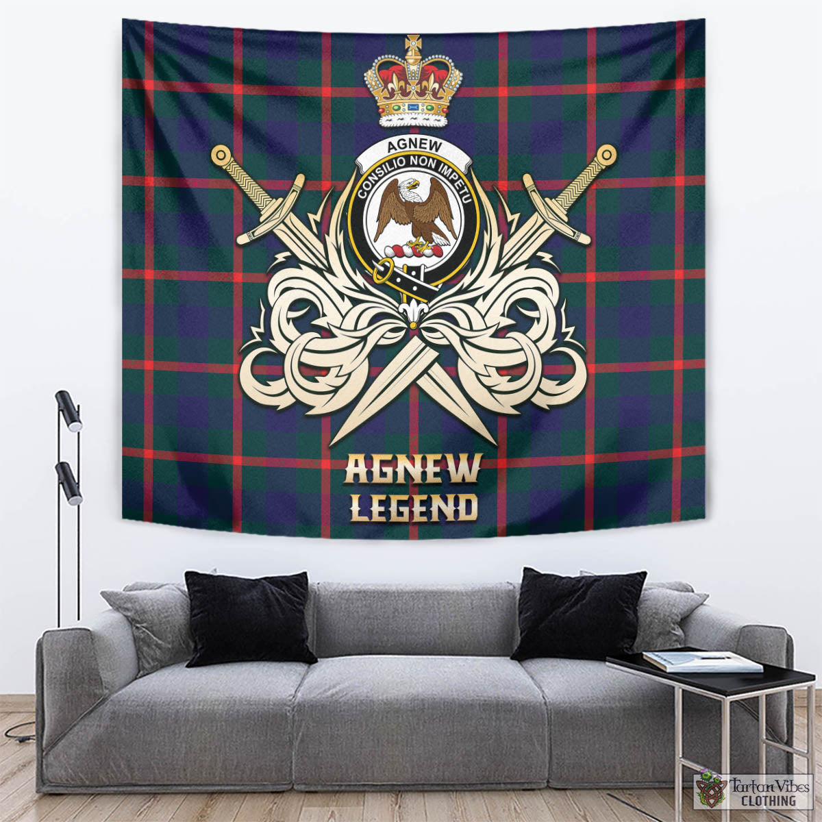 Tartan Vibes Clothing Agnew Modern Tartan Tapestry with Clan Crest and the Golden Sword of Courageous Legacy