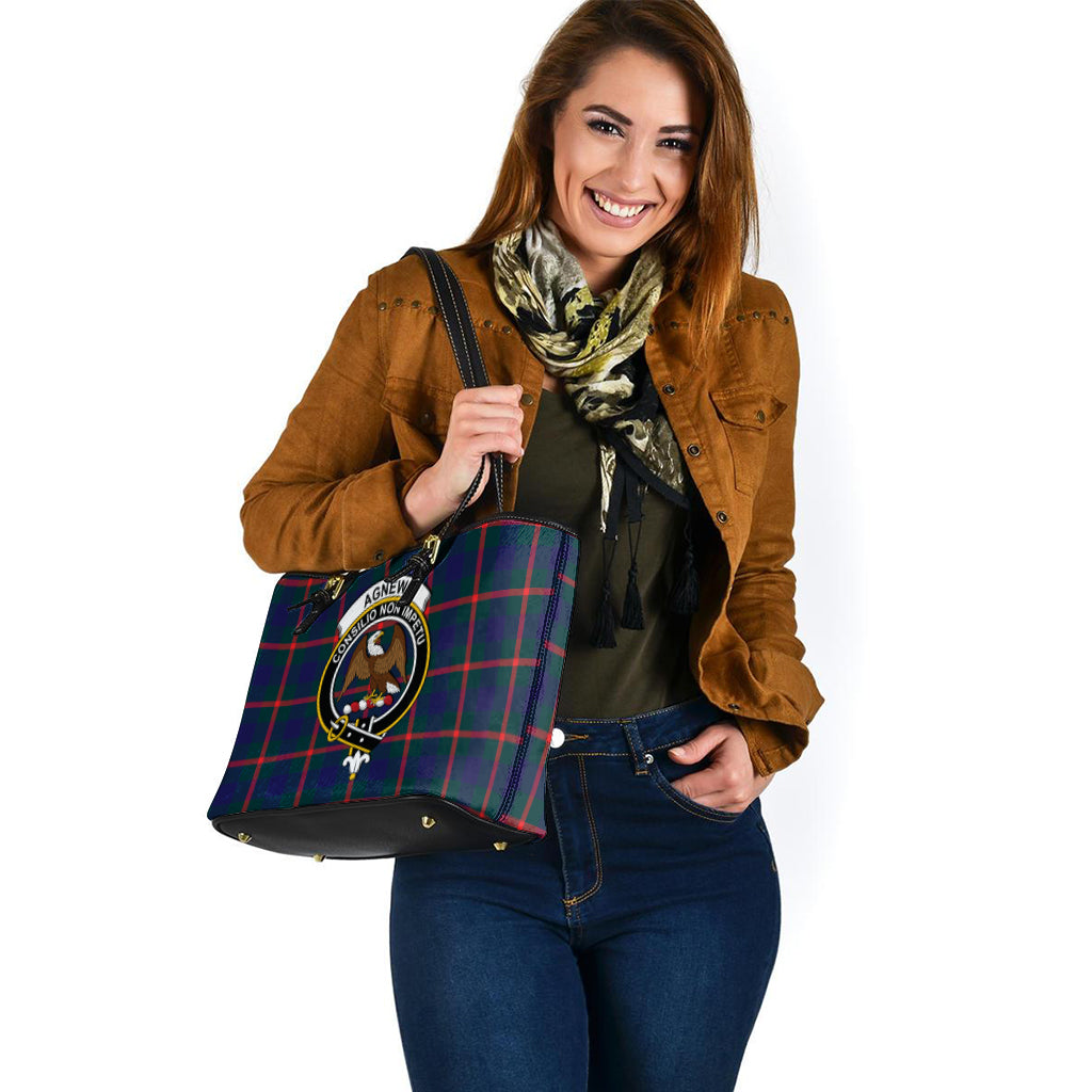 Agnew Modern Tartan Leather Tote Bag with Family Crest - Tartanvibesclothing