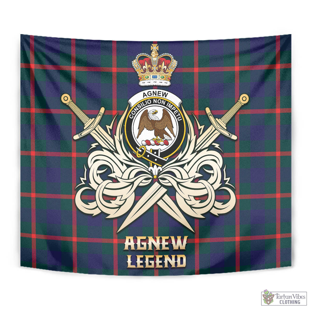 Tartan Vibes Clothing Agnew Modern Tartan Tapestry with Clan Crest and the Golden Sword of Courageous Legacy