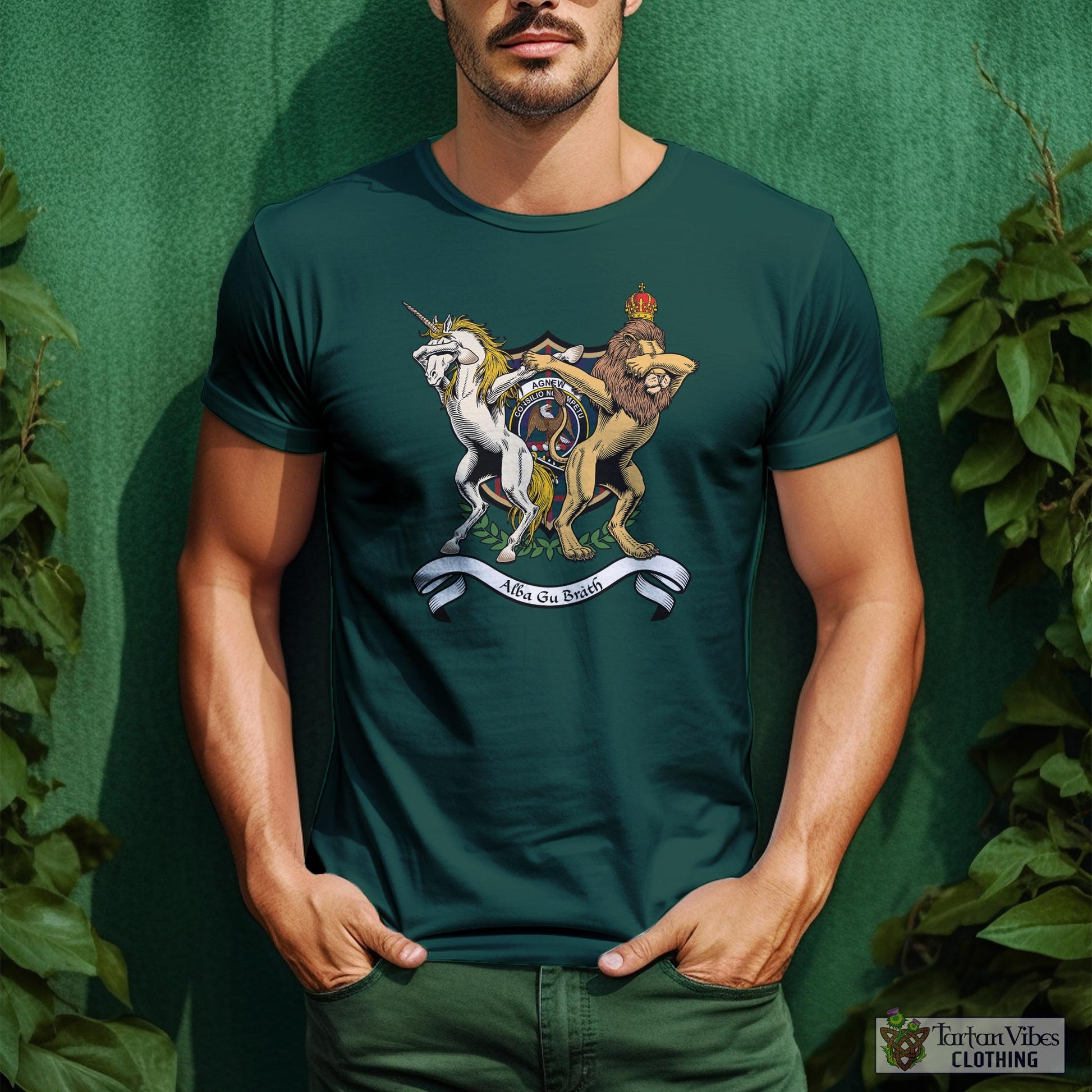 Tartan Vibes Clothing Agnew Modern Family Crest Cotton Men's T-Shirt with Scotland Royal Coat Of Arm Funny Style