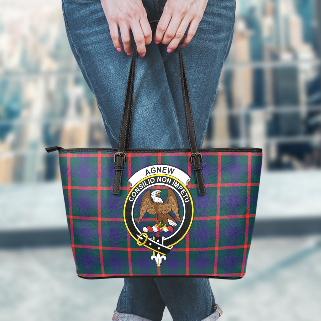 Agnew Modern Tartan Leather Tote Bag with Family Crest - Tartanvibesclothing