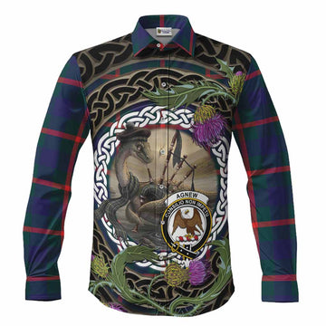 Agnew Tartan Crest Bagpipe Nessie Long Sleeve Button Shirts Scottish Loch Ness Monster Celtic Thistle