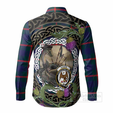 Agnew Tartan Crest Bagpipe Nessie Long Sleeve Button Shirts Scottish Loch Ness Monster Celtic Thistle