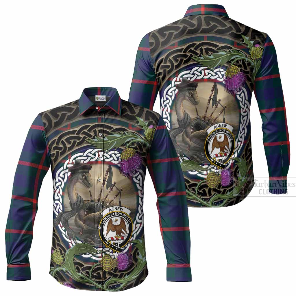 Agnew Tartan Crest Bagpipe Nessie Long Sleeve Button Shirts Scottish Loch Ness Monster Celtic Thistle