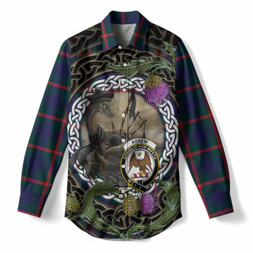 Agnew Tartan Crest Bagpipe Nessie Women Casual Shirt Scottish Loch Ness Monster Celtic Thistle