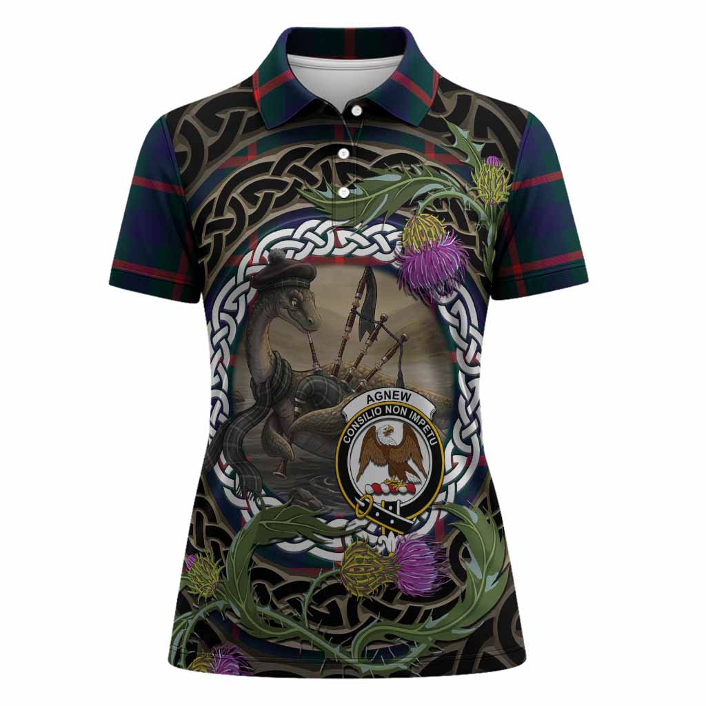 Agnew Tartan Crest Bagpipe Nessie Women Polo Shirt Scottish Loch Ness Monster Celtic Thistle