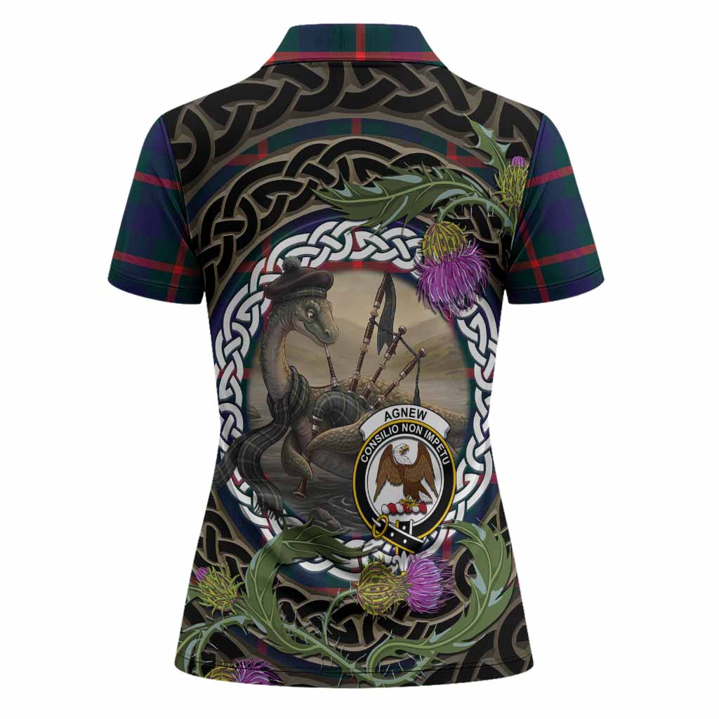 Agnew Tartan Crest Bagpipe Nessie Women Polo Shirt Scottish Loch Ness Monster Celtic Thistle
