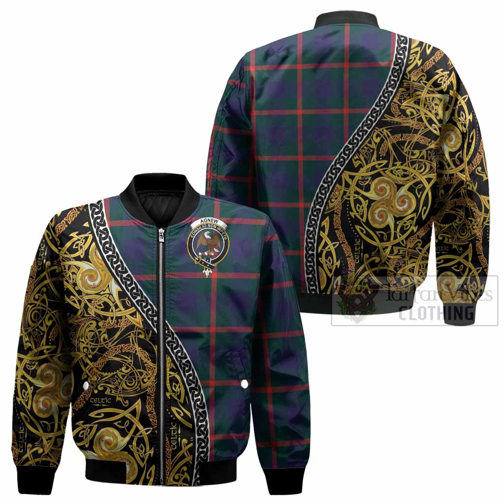 Agnew Tartan Crest Bomber Jacket Celtic Knot and Triple Trickle Spiral Symbols