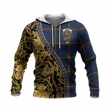 Agnew Tartan Crest Knitted Hoodie Celtic Knot and Triple Trickle Spiral Symbols