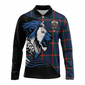 Agnew Tartan Crest Long Sleeve Polo Shirt Scottish Golden Lions Wave Flow