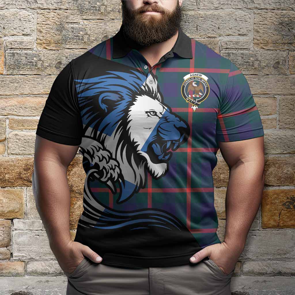 Agnew Tartan Crest Polo Shirt Scottish Golden Lions Wave Flow