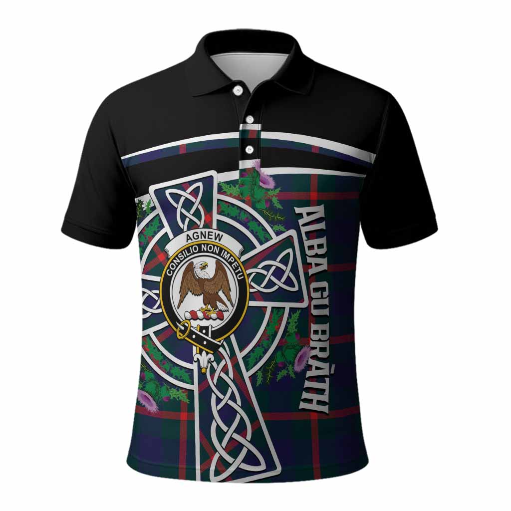 Agnew Tartan Crest Polo Shirt Scottish Thistle Celtic Cross Alba Gu Brath