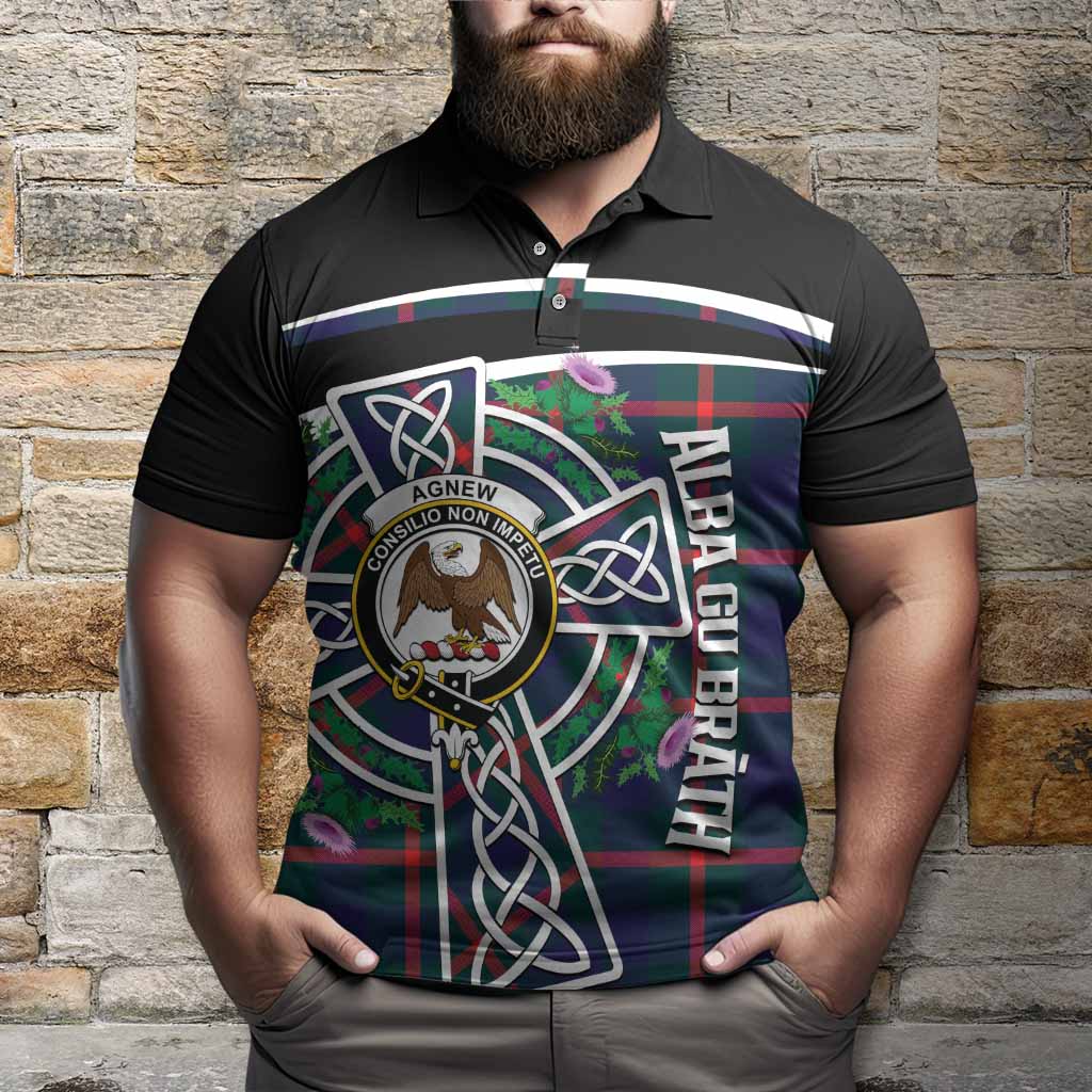 Agnew Tartan Crest Polo Shirt Scottish Thistle Celtic Cross Alba Gu Brath