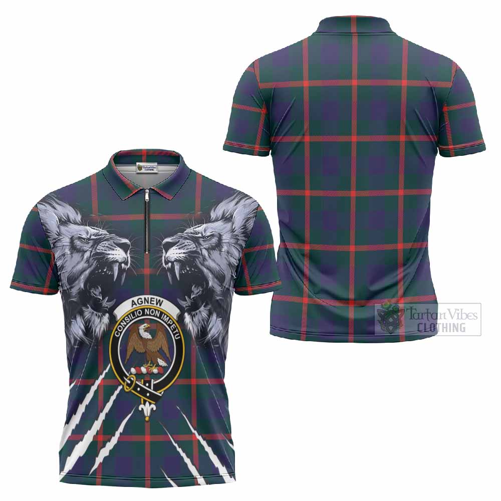 Agnew Tartan Crest Zipper Polo Shirt Ferocious Lion Style