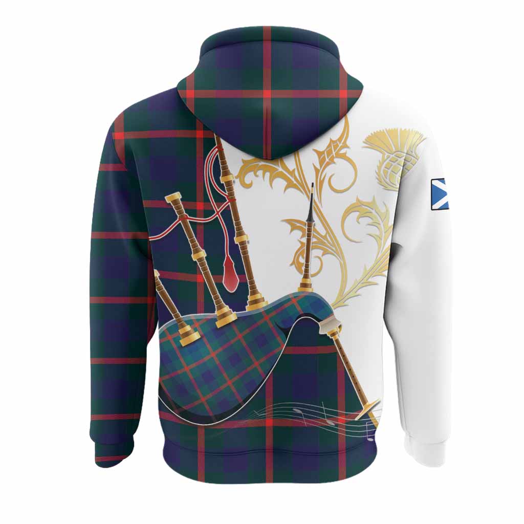 Agnew Tartan Family Crest Hoodie Bagpipes with Scottish Thistle