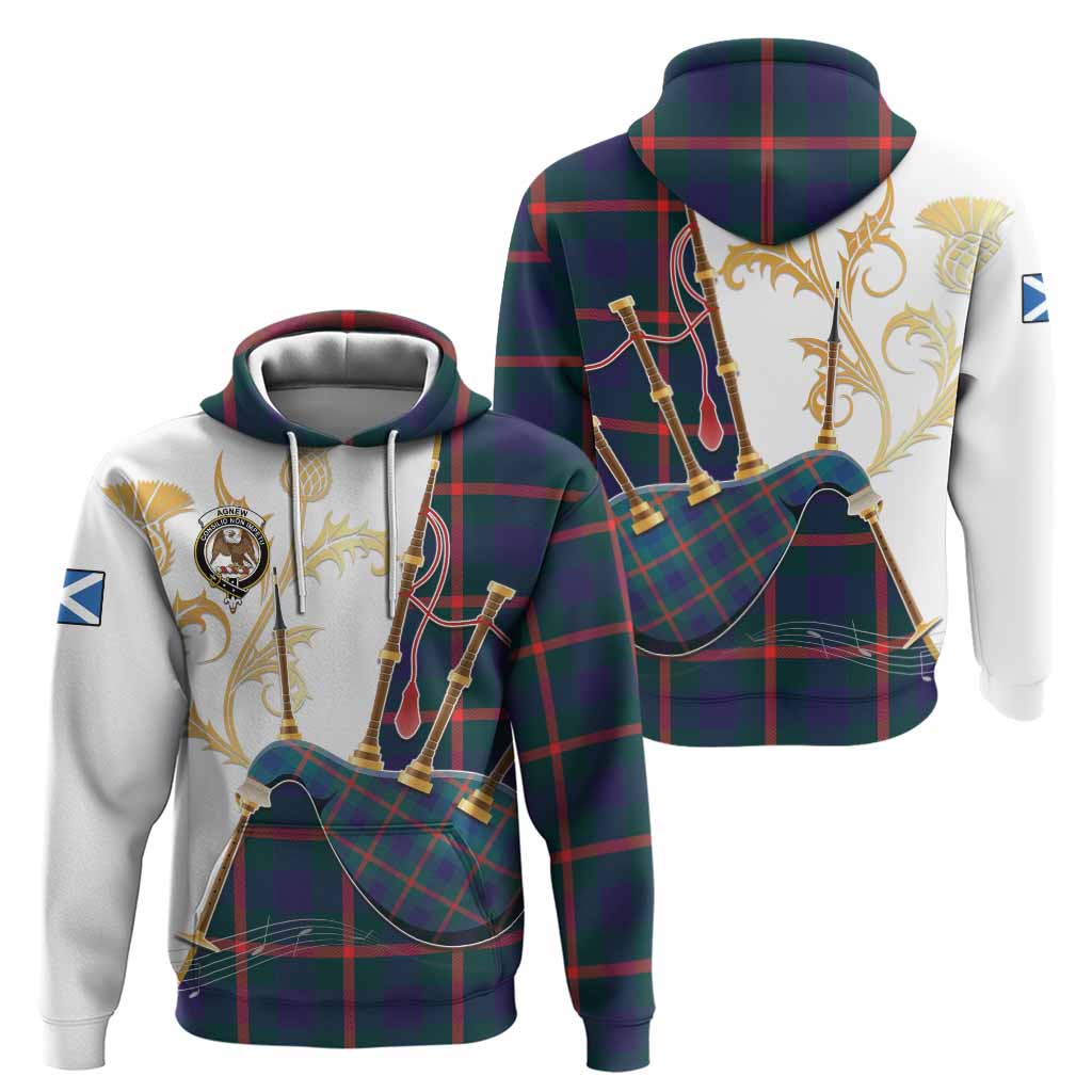 Agnew Tartan Family Crest Hoodie Bagpipes with Scottish Thistle