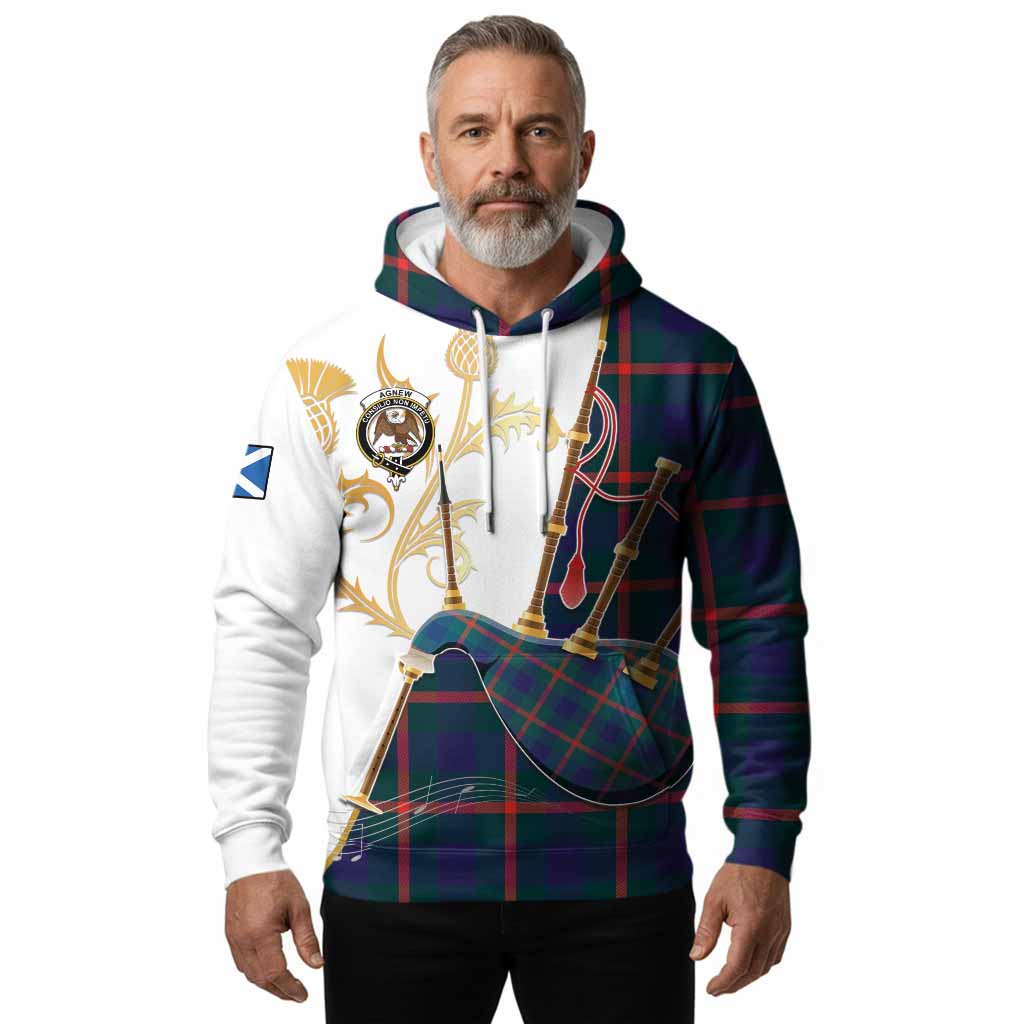 Agnew Tartan Family Crest Hoodie Bagpipes with Scottish Thistle