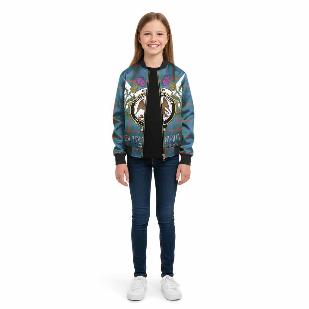 Agnew Tartan Family Crest Kid Bomber Jacket Scottish Burns Night Thistle Floral