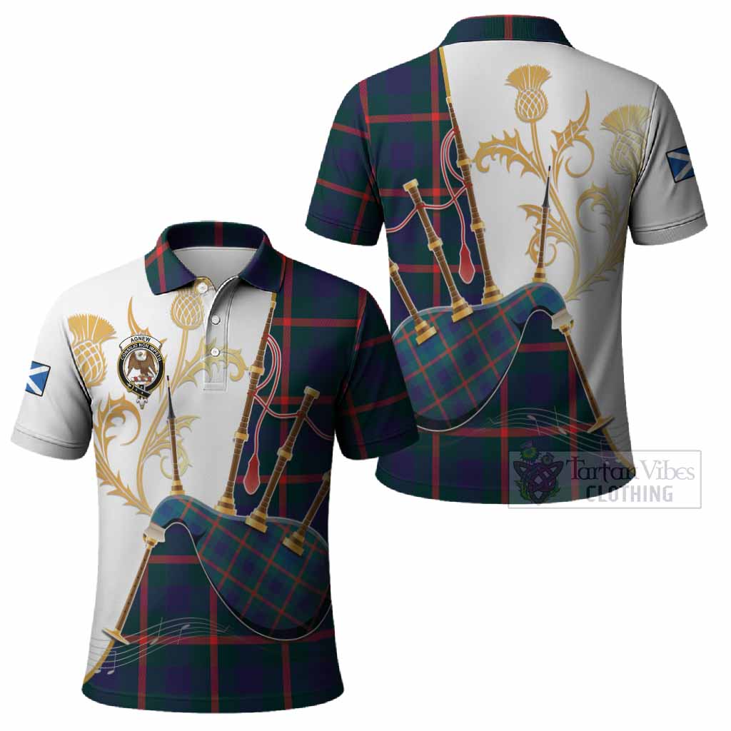 Agnew Tartan Family Crest Polo Shirt Bagpipes with Scottish Thistle
