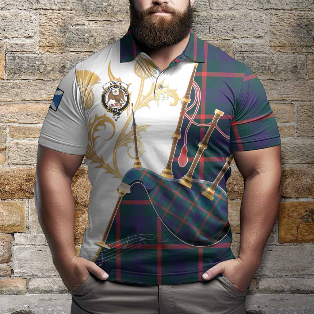 Agnew Tartan Family Crest Polo Shirt Bagpipes with Scottish Thistle