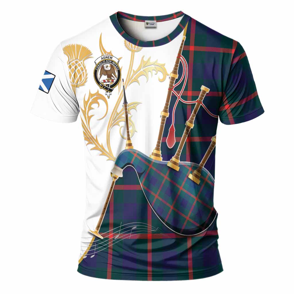 Agnew Tartan Family Crest T-Shirt Bagpipes with Scottish Thistle