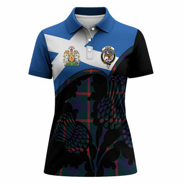 Agnew Tartan Family Crest Women Polo Shirt Scotland Thistle Floral Flag Style