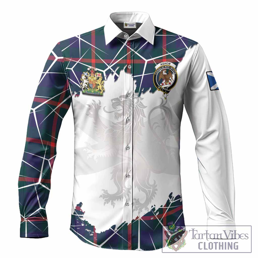 Agnew Tartan Long Sleeve Button Shirts with Family Crest and Lion Rampant Grunge Style