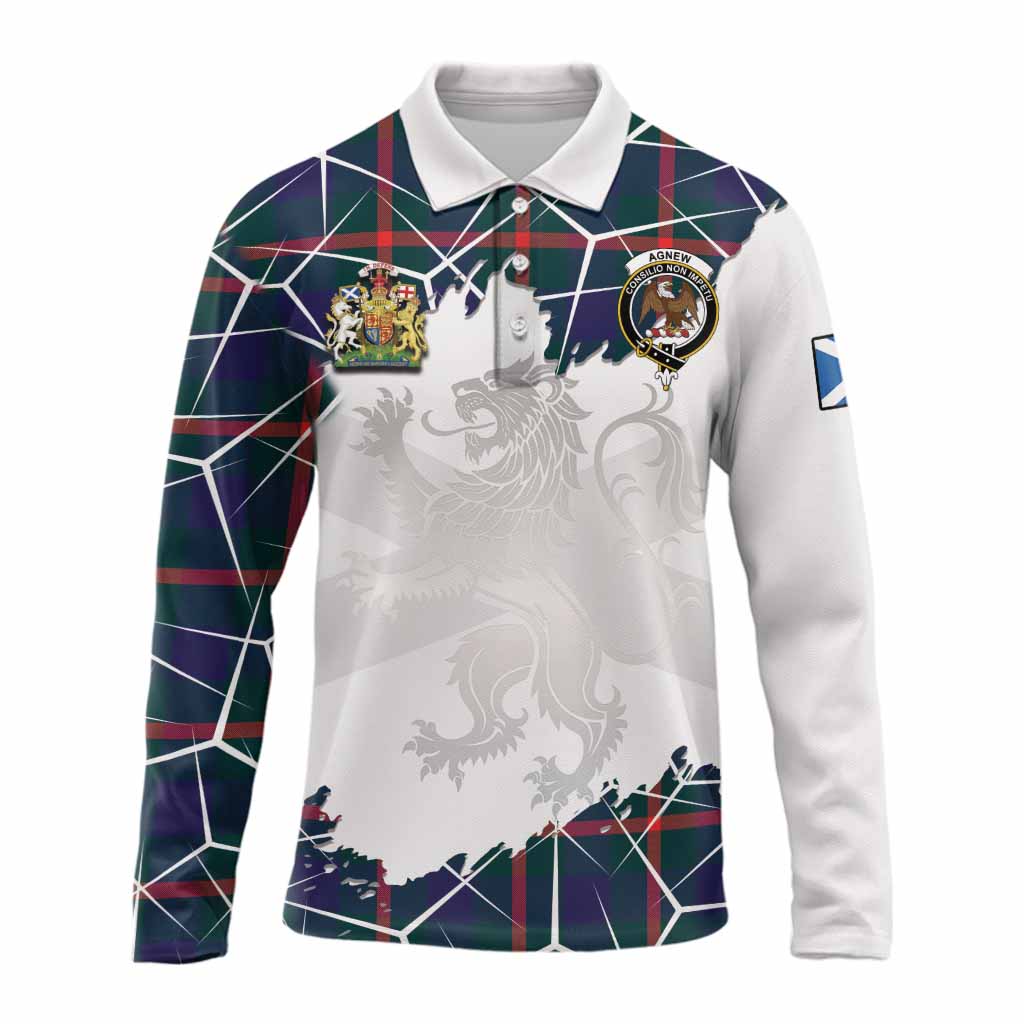 Agnew Tartan Long Sleeve Polo Shirt with Family Crest and Lion Rampant Grunge Style